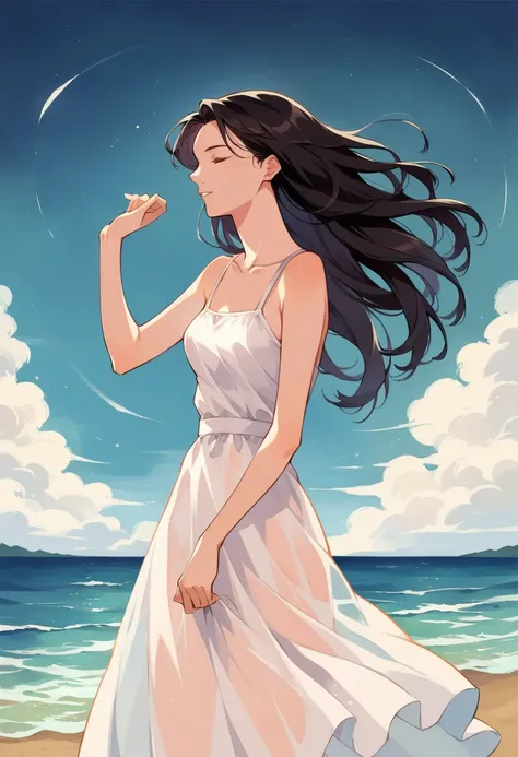 (masterpiece, best quality), ((1girl, solo, long hair)), Ishmael_limbus, innocence expression, bare arms, bare shoulders, bare neck, watercolor, sundress, liquid clothes, mustard fields, waves, long dress, orange_theme, night, mist, dark, sharp focus, must...