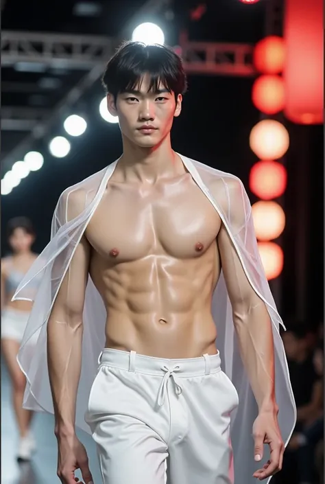 Japanese male model, handsome, cool, perfect body, big muscles, short hair, white skin, wears flowing see-through clothes, sexy poses, catwalk, led lights,