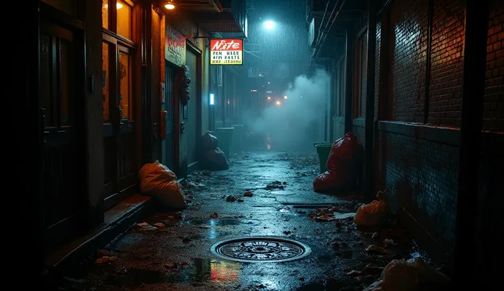 Street view of a dimly lit urban alleyway entrance in New York City, the alleyway dark and dirty, some trash bags, broken bottles, and crumpled newspapers. The wet ground reflects faint neon lights from nearby signs, heavy rain pouring down, and a gritty, ...