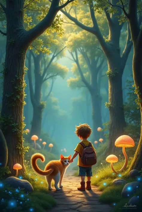 Entering the Enchanted Forest

"A four-year-old boy with messy hair and bright eyes gently rests his hand on the back of an orange-and-white cat. Both stand at the entrance of an enchanted forest. Towering trees with golden and silver leaves radiate a magi...