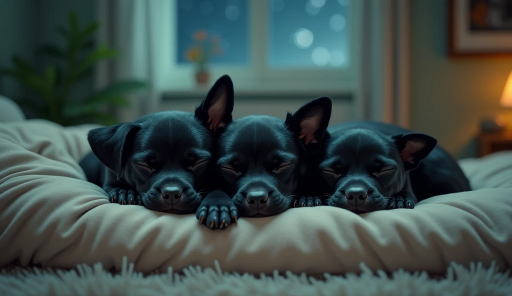 Three dreaming little black dogs ，Close your eyes ，sleep，Mao is very smooth ，Cozy Room Arrangement , Housed together in a cozy ， covers the bed with a quilt , light green dim panoramic room，carpet， outside the window is a night starry sky ，Realism， super c...