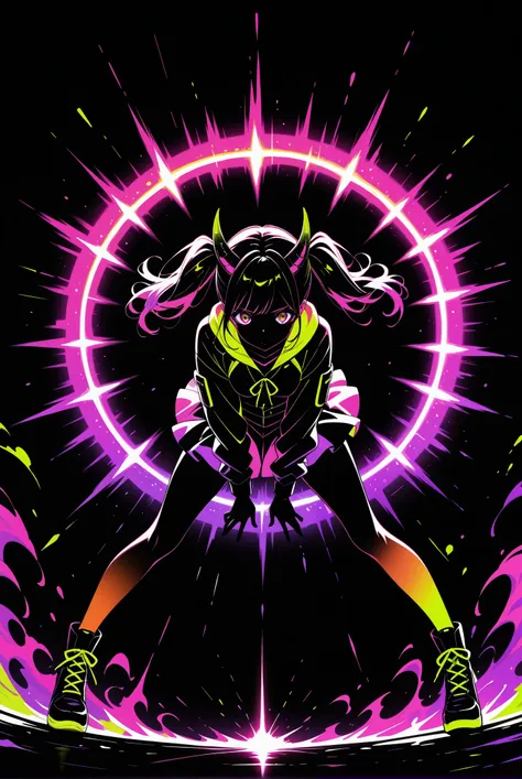 1 ,twin tails ,horn, limited palette , black background,colorful,vibrant, bright outline ,neon,black light,any pose, dynamic, Actions