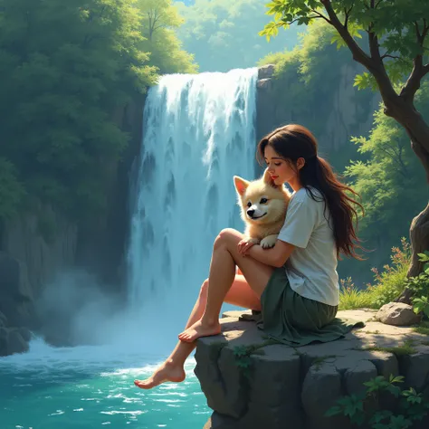  hugging her little dog , sitting on the edge of the waterfall
