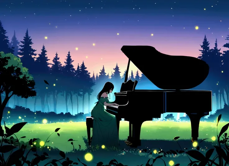 A woman in a green dress sits at a grand piano in the middle of a forest clearing during twilight. The surrounding trees are tall and dark, their leaves tinged with the fading purple and blue hues of the sky. Fireflies float around the piano, adding a magi...