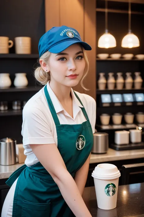  realistic photo , coffee shop attendant , with blue apron and blue cap
