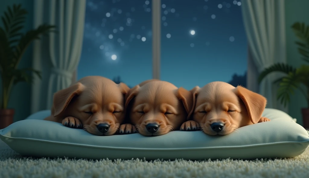  Three Little Brown Dogs Dreaming，Close your eyes ，sleep，Mao is very smooth ，Big Room , Sit together on a cozy little bed, light green dim panoramic room，carpet， outside the window is a night starry sky ，Realism， super clear and high definition ，