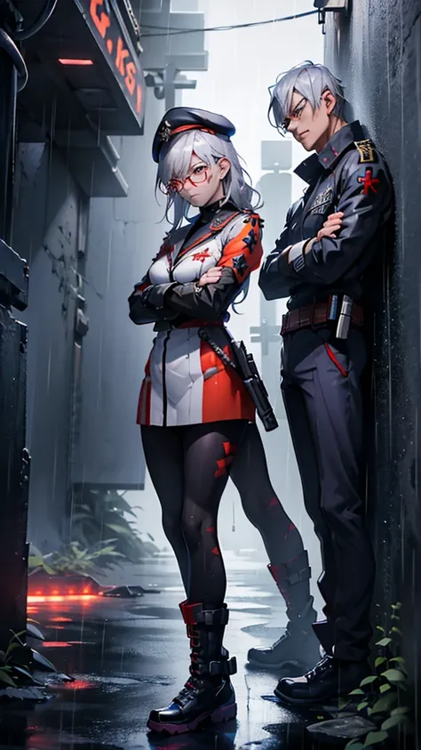 Silver Haired Girl,((Yuki Izumi))(( Big Breasts :0.6)), red glasses, Tactical Boots ,Futuristic gun,Rain environment, high image quality,8k, super detailed , surreal(()),masterpiece, cinematic lighting,Dramatic lighting, Dramatic Poses,High definition faci...