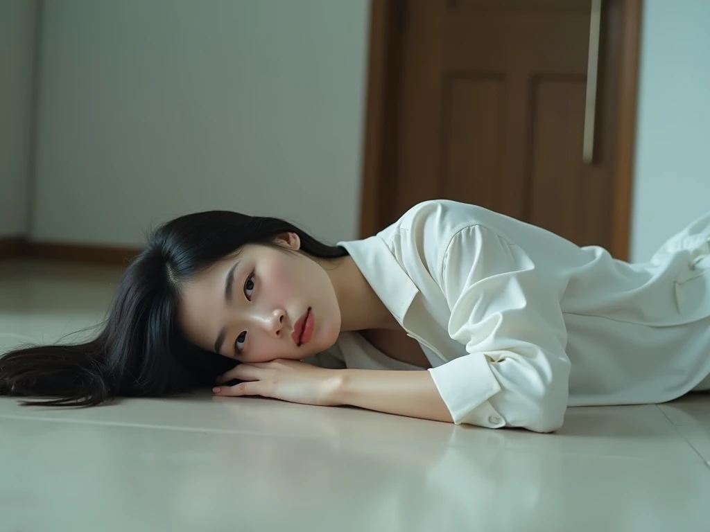  Full body image of a beautiful 30-year-old young Chinese girl lying unconscious on the apartment floor，head、Arms and legs stretched ， Clear 8k quality image 