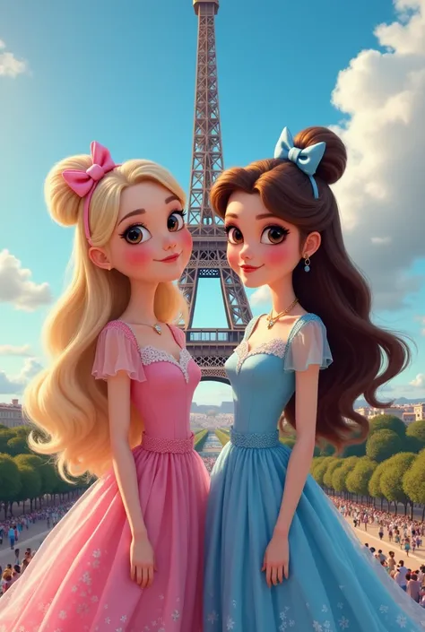 Two teenage girls Disney doll mode: a blonde in pink clothes and a brunette in blue clothes and the Eiffel Tower in the background