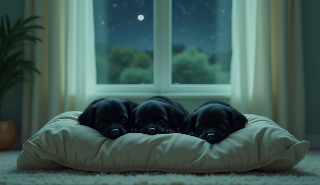 Three dreaming little black dogs ，Close your eyes ，sleep，Mao is very smooth ，Cozy Room Arrangement , Housed together in a cozy ， covers the bed with a quilt , light green dim panoramic room，carpet，Outside the big window is a nighttime starry sky，curtain,Re...