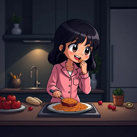 Drawing of cute woman dark hair in pink pajamas, standing in a modern black kitchen, happy, eating Spaghetti alla carbonara from the frying pan, holding in hand, chewing, night, accent lighting, dim light, fridge, chibi style