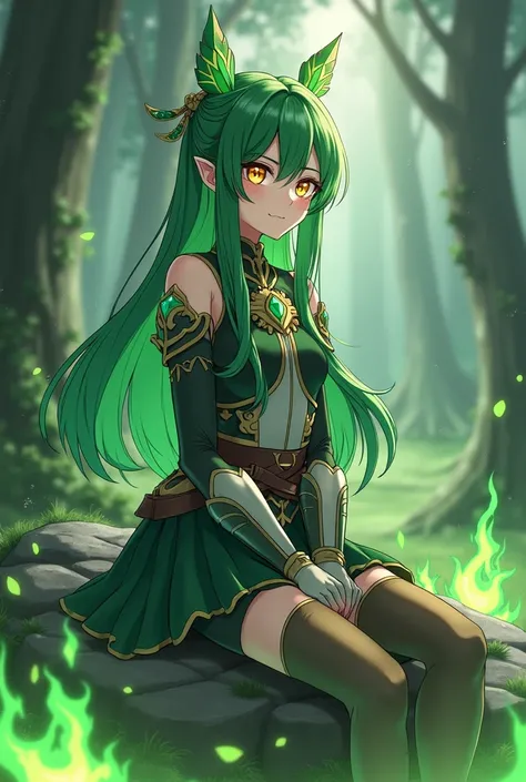 19 year old girl,  long emerald green hair with butterfly style fringe, golden eyes, cheerful and friendly look ,  dressed in green and gray armor and skirt , Sitting on a rock with green flames around in a forest, Manhwa style 