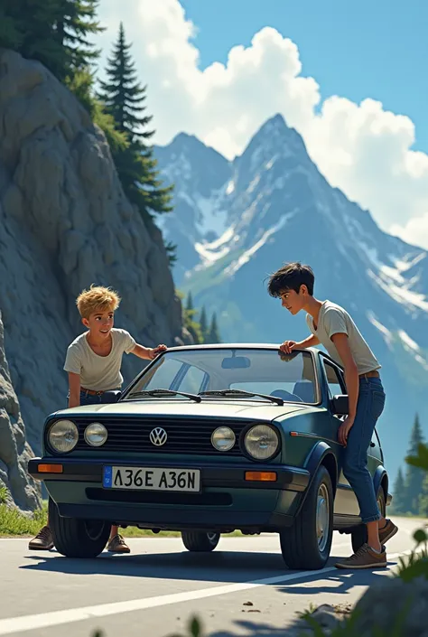 Take a picture of 2 boys (one has blond hair, the other black), both are tall and skinny. They stop the dark gray golf 5 from going down the mountain because the handbrake is not applied