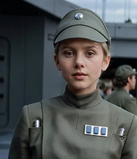 Star Wars premiere 1980, Teen girls cosplaying in olive gray imperialofficer uniform and hat, blonde hair in small tight bun, smooth pale white skin, sharp focus, dlsr, ultra sharp, professional Photographer, film grain, very detailed skin texture, photore...