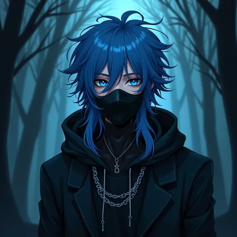 Anime comics. An adult Gothic man masculine ,  of messy vibrant blue hair long and smooth , has blue eyes,  is a ghostly ghost ,  has chains through his body and floats . . He wears a black surgical mask and a hoodie to keep the mystery.  you are in a dark...