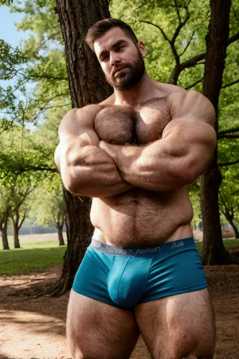  Muscular man with his arms crossed standing under a huge tree,  unclothed only in blue underwear with a large volume , hairy and defined abdomen ,  strong and hairy arms ,  big and thick hairy legs .