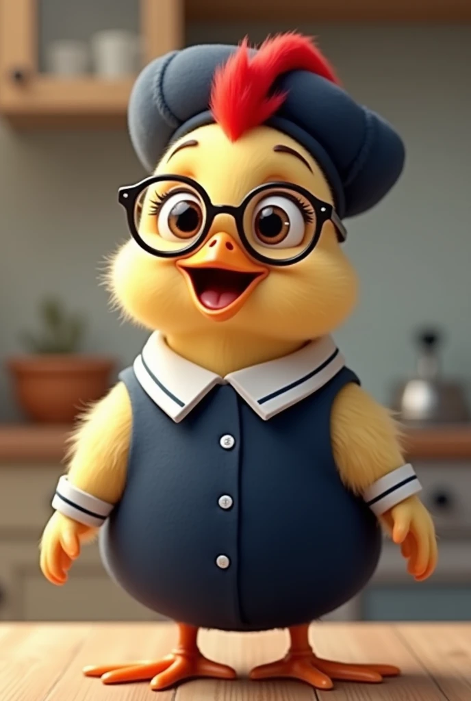 A chick with a navy blue uniform with white edges, wearing glasses, open beak, happy, kitchen background, red crest