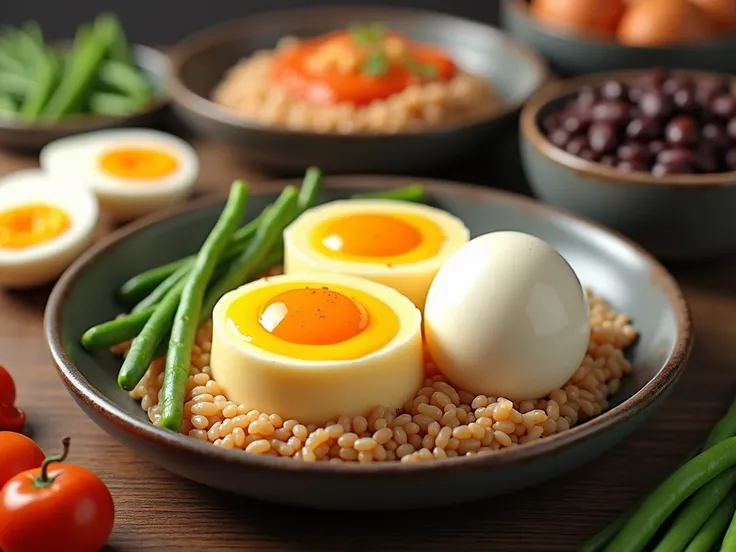  steamed egg ,  boiled egg ,  green beans , Black beans, Bean rice ,  table with eggs