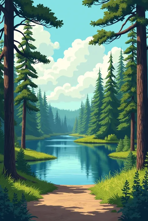  stylized background image of Russian nature , lake forest , trees,road, close to the camera,   On top of this image, a map of Russia is embedded upside down vertically or obliquely to fit , without inscriptions, style vector illustration ,  High detail
