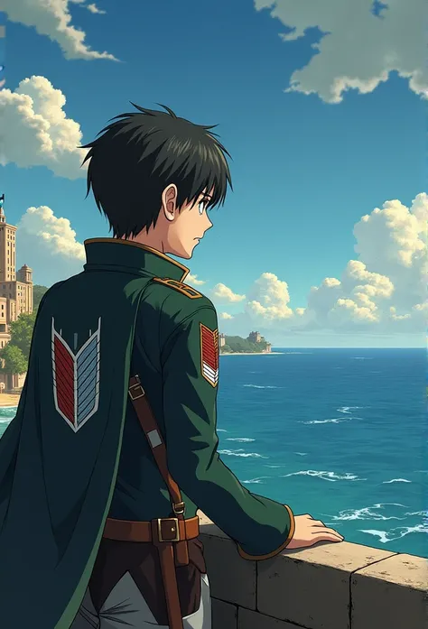  Create a Leather Poster Hajime Isayamas Attack on Titan Style .  Poster Featuring Eren Jaeger ,  Dark Green Robe, Wings of Freedom Logo, Wings of Paradise Uniform and ODM Equipment, gazing out at the ocean. Background with Titan Armored ,Female Titan,Walm...