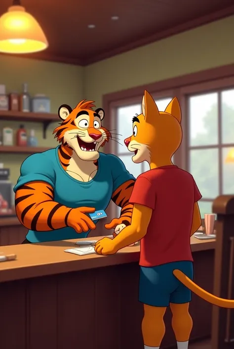 "In a Pixar-style cartoon scene at a restaurant counter, Speed, the muscular tiger with fluffy fur in a blue shirt and black shorts, is handing a credit card to the waiter, smiling as he pays the bill. Tom, the muscular yellow cat in a red t-shirt and blue...