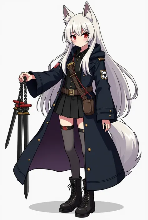 furry wolf, Female wolf , Long white hair with bangs , Ojos rojos,  black soldier costume , Anime style, furry wolf, black combat boots ,  holding a chain with swords hanging, arte conceptual,  full body, high, Shizuko the wolf