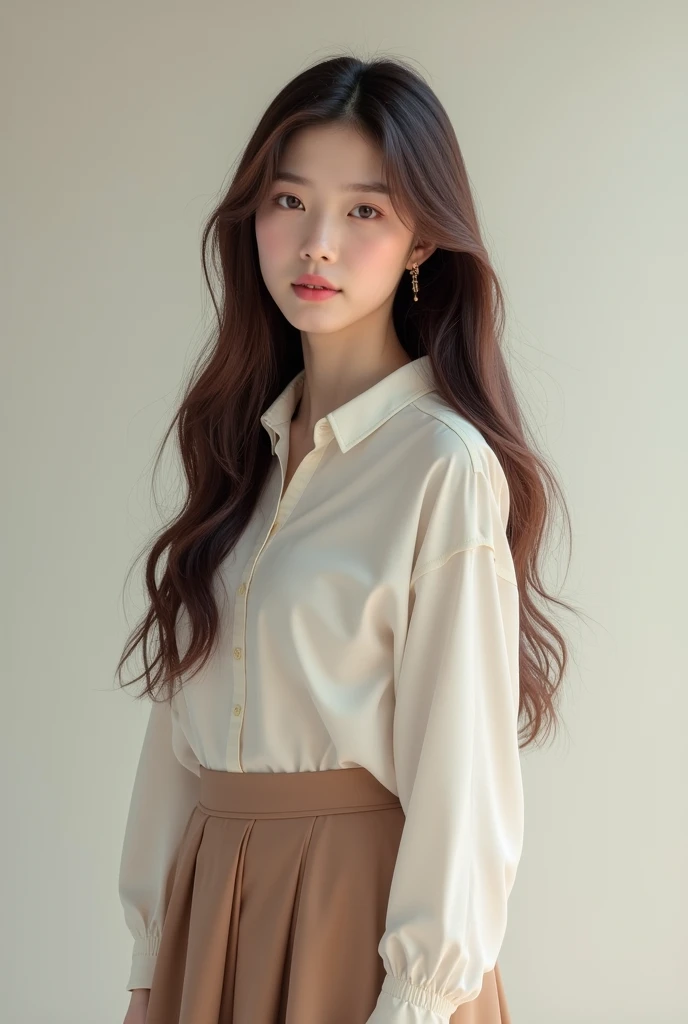 Create a Korean woman with long brown hair wearing a shirt and skirt