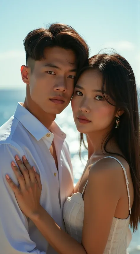 surrealistic, both look at the camera, cinematic lighting, a couple, Ukrainian male model(no beard or mustache), Korean female idol, beach, perfect hands