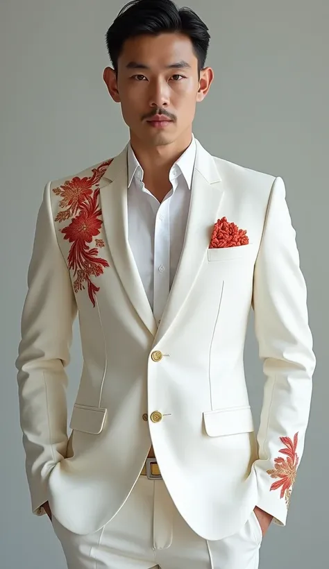  Asian man, 30 years old, handsome,short hair, thin mustache , wearing a white smart suit  with red gold fine artThai embroidery , ด้านในสวมเสื้อคอจีน,gold buttons ,  background is a gray-white room masterpiece.,  anatomically correct,  High Resolution ,  ...