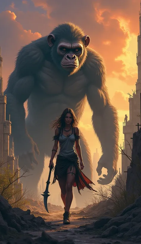 A striking and atmospheric illustration captures the essence of a dystopian world dominated by intelligent, feral apes. The scene is set in a crumbling city overtaken by nature, its skeletal remains shadowed by an ominous palace of stone and metal. In the ...