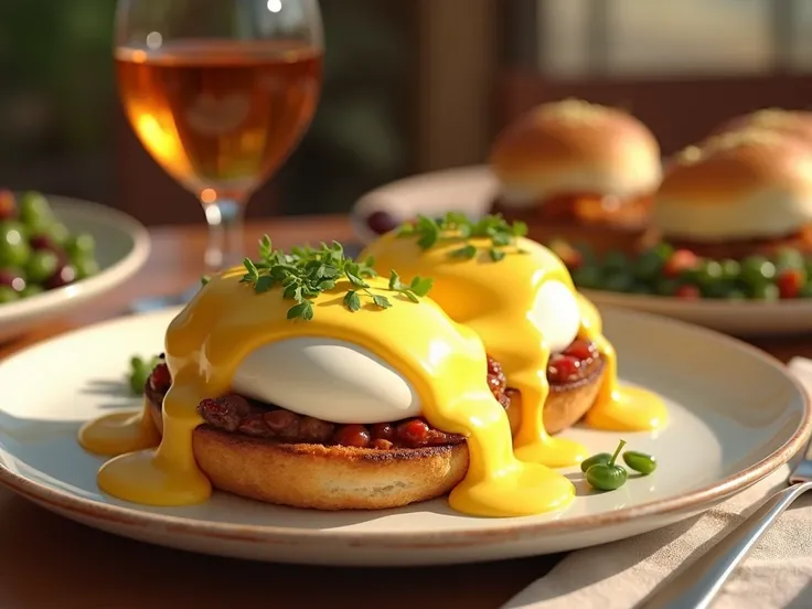 Eggs Benedict ,  brunch dishes made with eggs, A table with green beans and black beans next to it