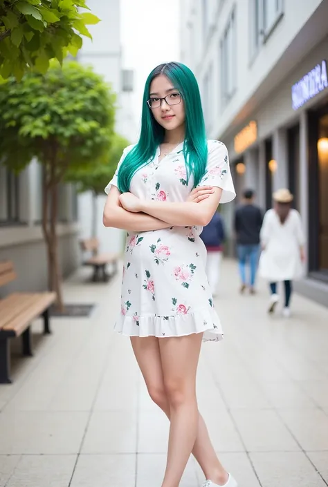 The image shows a beautiful young thai woman Wearing round glasses standing on a sidewalk with her arms crossed. She is wearing a white mini dress with a floral pattern and white flats. She has long green wavy hair and is looking directly at the camera wit...