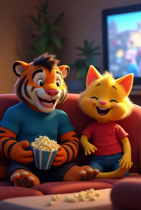 "In a cozy living room, Pixar-style characters Speed, the muscular tiger with blue shirt and black shorts, and Tom, the yellow fluffy cat in a red t-shirt and blue shorts, are sitting on a comfortable couch, laughing and enjoying popcorn. The TV screen glo...