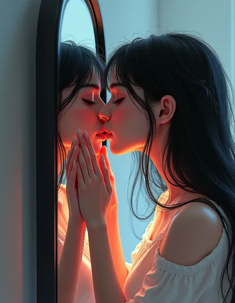 A woman kissing herself in front of the mirror, 3d manga