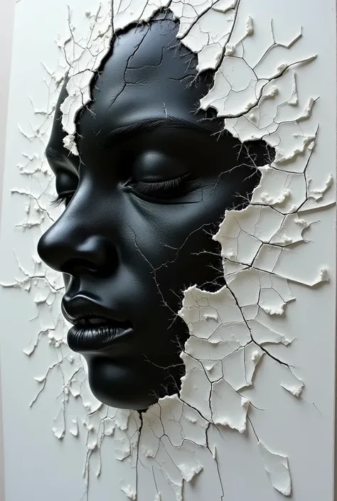 Create an image,  better quality  ,  masterpiece fails,  where white is attacked by black , There,  where black didnt exist before , and white starts to take over .  Presented using paint and porcelain textures .  And let it all come out through the cracks...