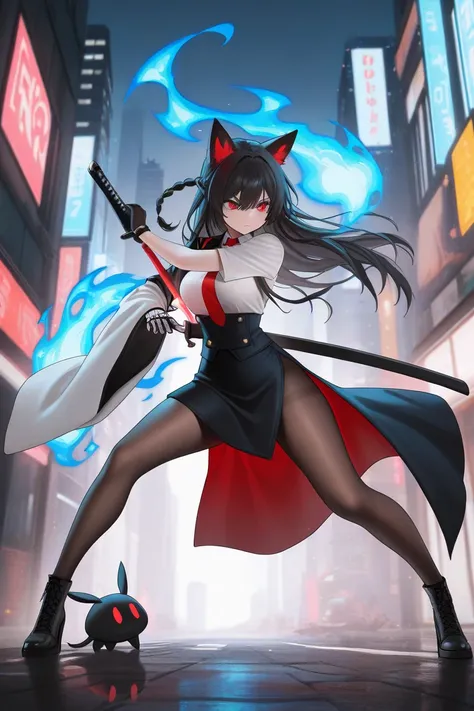 1girl, long hair, black hair, red eyes, braid, animal ears, white shirt, necktie, coat, single wide sleeve, asymmetrical clothes, single fingerless glove, single mechanical arm, skirt, side slit, pantyhose, expresionless, outdoors, city, grafity, creature,...