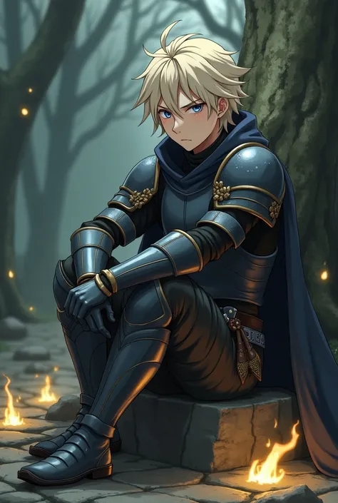  20 year old boy, pale blond hair , gray eyes,  carefree and serious look , muscular build,  dressed in dark colored armor, Scar in his left eye sitting with his legs sideways on a stone with pale yellow flames in a forest,  anime style 