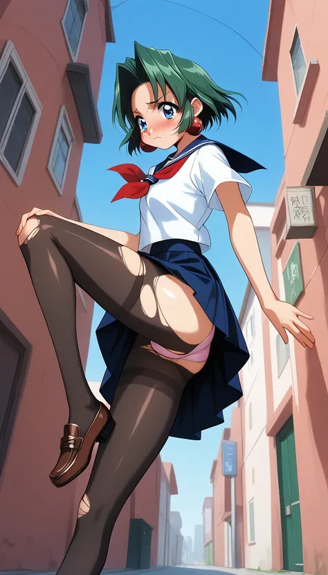 (masterpiece,  best quality:1.2),( super high res),(Ultra-detailed face),( torn stockings :1.2) one girl ,Alone, toshinden_Ellis,Standing on one leg,Leg spread, view from below,Short Sleeve School Uniforms , blue miniskirt, Red Neckerchief , Black Stocking...