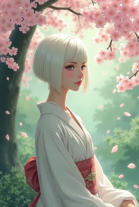 A woman with white hair and expressionless short hair in Japanese clothes and cherry blossoms