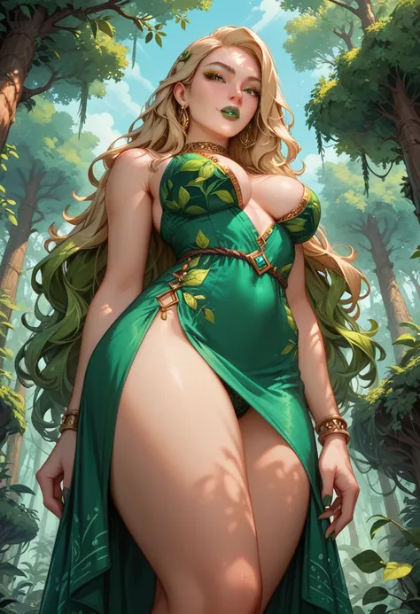  Amazon Rainforest . woman very long hair green eyes yellow makeup green lipstick yellow surrounded shrubs trees merged with leaves full image full view from below 