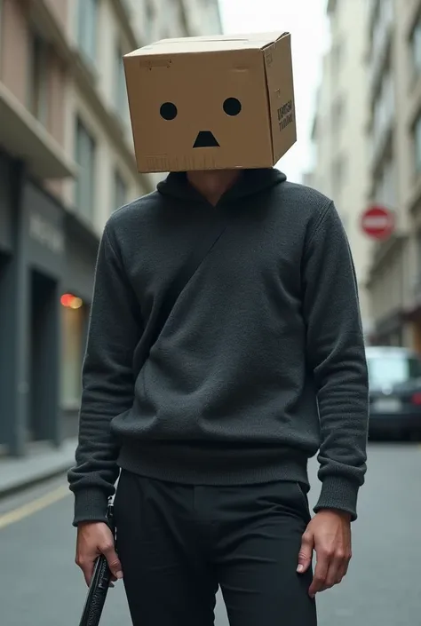 un homme avec un sac en carton qui revouvre toute sa tete etune epee et un sweet gris foncé