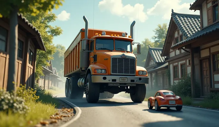 Create the image of a truck on the village road that hits a toy car at the bend.