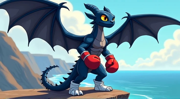 Muscular winged dragon Toothless night furry jock in white boots, blue pants,  wearing red boxing gloves stands on a cliff against the sea in a cartoon style 