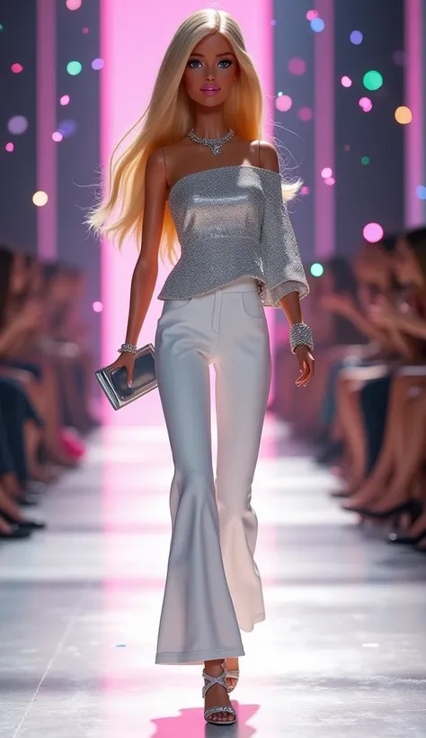  Elegant pants and blouse set
Design a modern outfit for Barbie with white satin pant pants and a single-shoulder blouse,  in silver ,  with rhinestone applications . Add silver sandals ,  a delicate bracelet and a minimalist clutch to complement the look ...