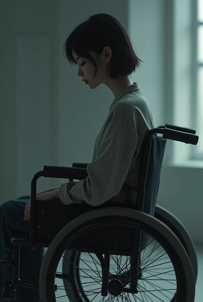 a 20-year-old girl in a wheelchair with a sad expression