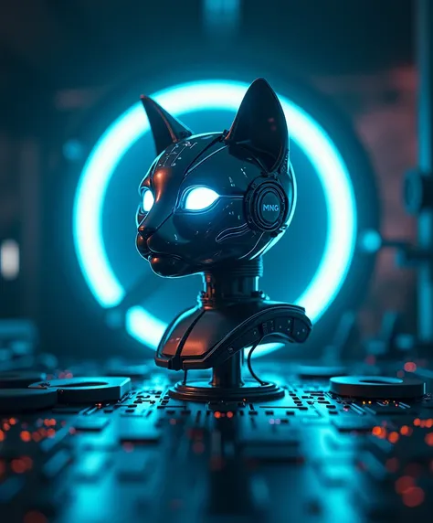 Place the cyberpunk Cyber cat head and the MNG Lab inscription in the center of the neon circle, at the center of the entire composition. Prioritize blue and black  