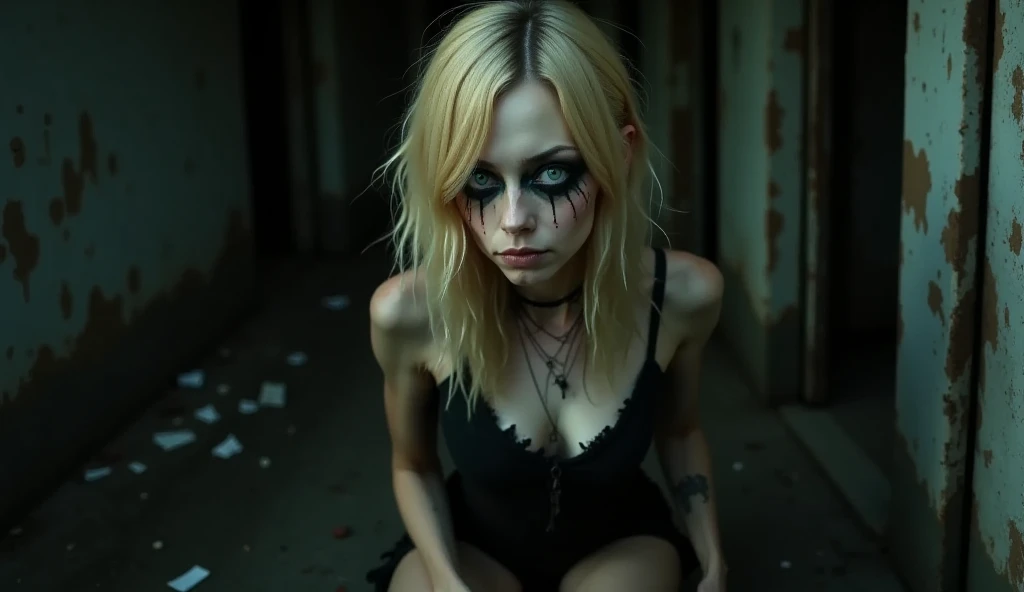 portrait, realistic, photography, of drug addicted tiny blonde young woman, looks like Emma Stone, Large interpupillary distance, white trash clothes gothic, Smokey Eyes . A disheveled young woman sits on the wet ground in a dark, shadowy alleyway. Broken ...