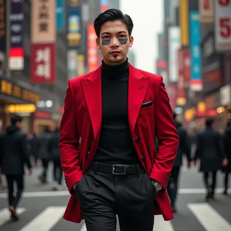 A 25-year-old Korean man wearing a red jacket who looks luxurious and imperious is walking leisurely and gallantly amid the bustle of people and passing vehicles 