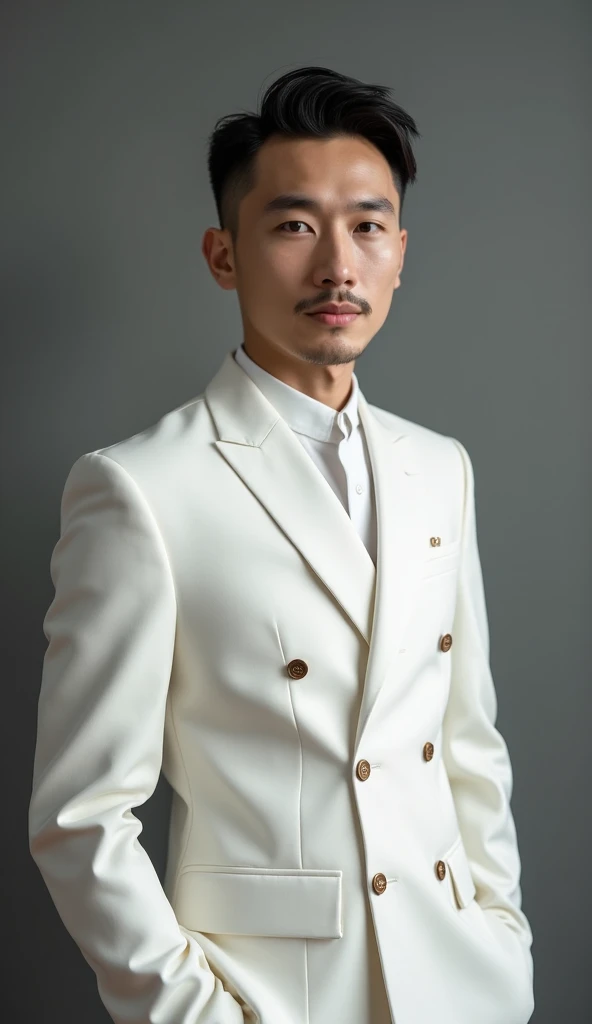  Asian man, 30 years old, handsome,short hair, thin mustache , wearing a white smart suit ,บนเสื้อสูทมีลายทอ ลวดลายแบบไทย สีสวย,งดงาม,,ผ้าไทย,ผ้าทอมือ,ลายไทย,with fine artThai pattern , ด้านในสวมเสื้อคอจีน,buttons ,  background is a gray room masterpiece.,...