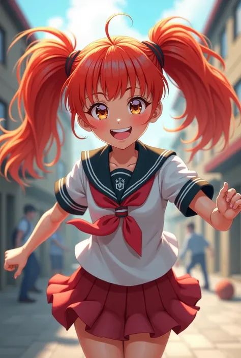 Active girl with red hair in twin tails and around  in uniform